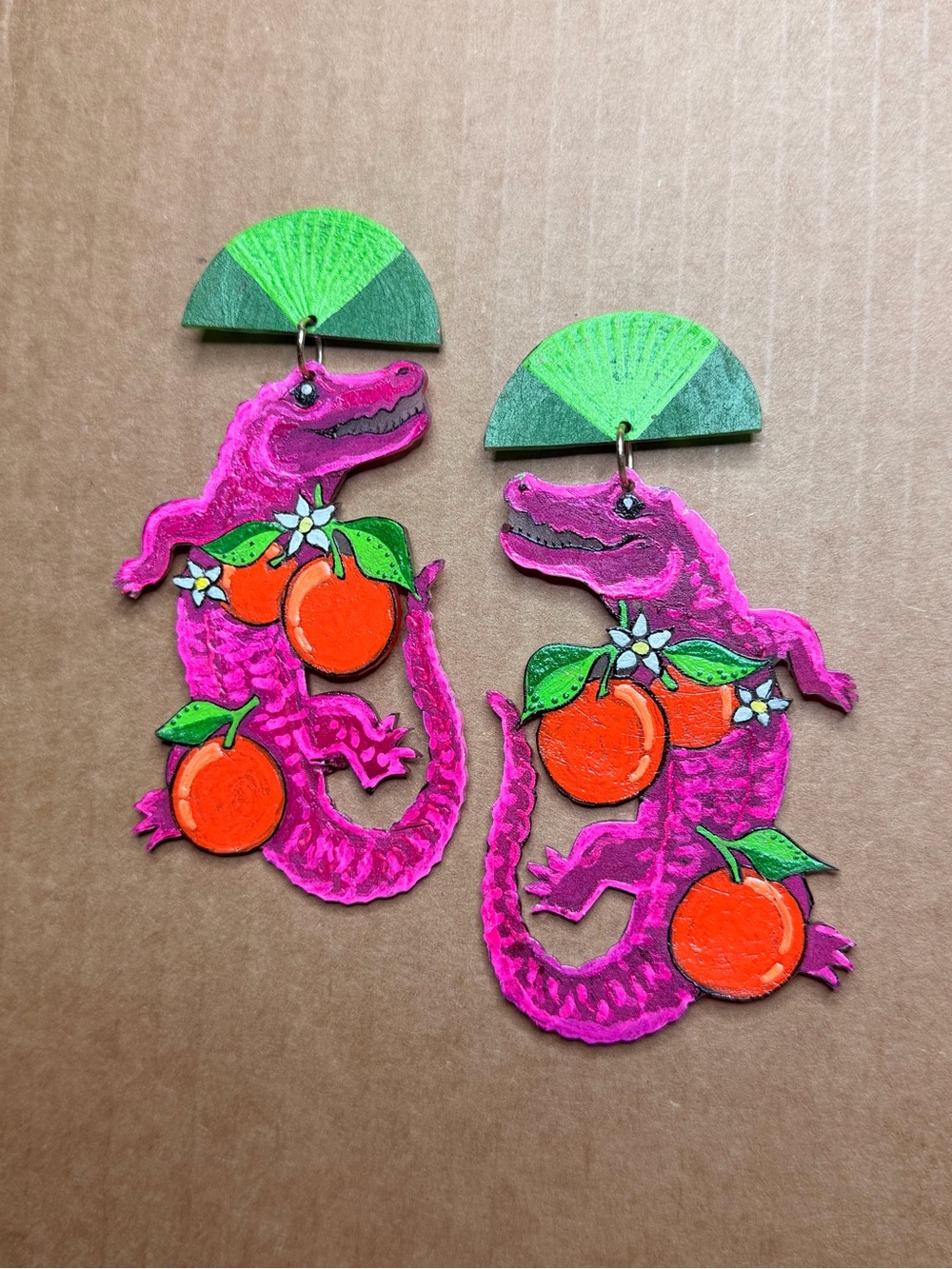 Go Gator Pink Gator Alligator Reptile Earrings with Florida Orange Fruit Accents - Picture 4 of 4
